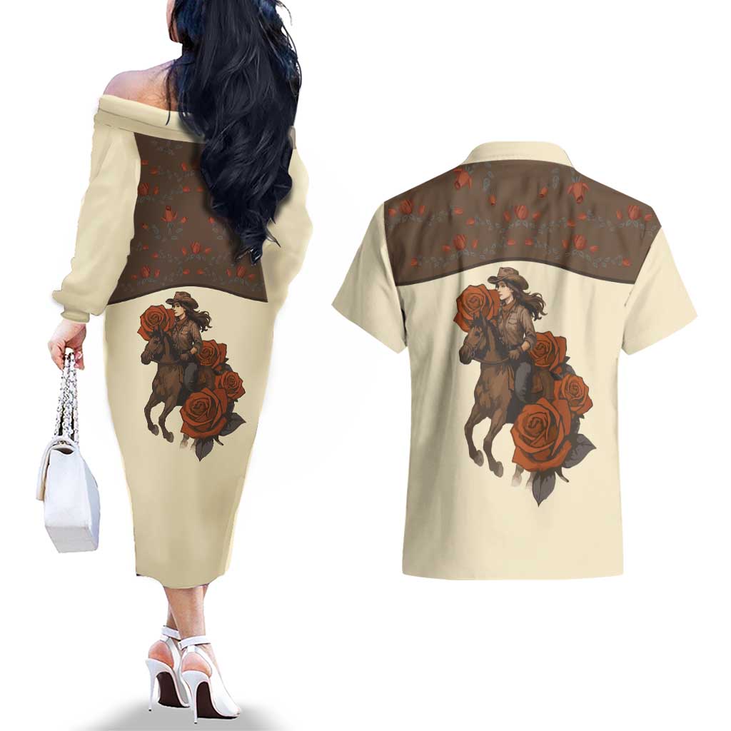 Cowgirl Couples Matching Off The Shoulder Long Sleeve Dress and Hawaiian Shirt Rose Retro Western Yoke - Wonder Print Shop