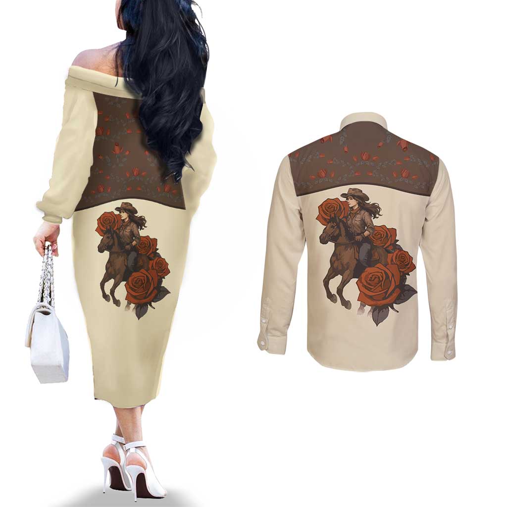 Cowgirl Couples Matching Off The Shoulder Long Sleeve Dress and Long Sleeve Button Shirt Rose Retro Western Yoke - Wonder Print Shop