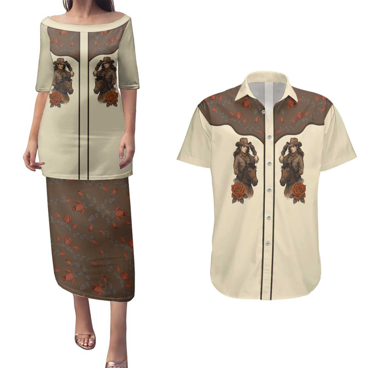 Cowgirl Couples Matching Puletasi and Hawaiian Shirt Rose Retro Western Yoke - Wonder Print Shop
