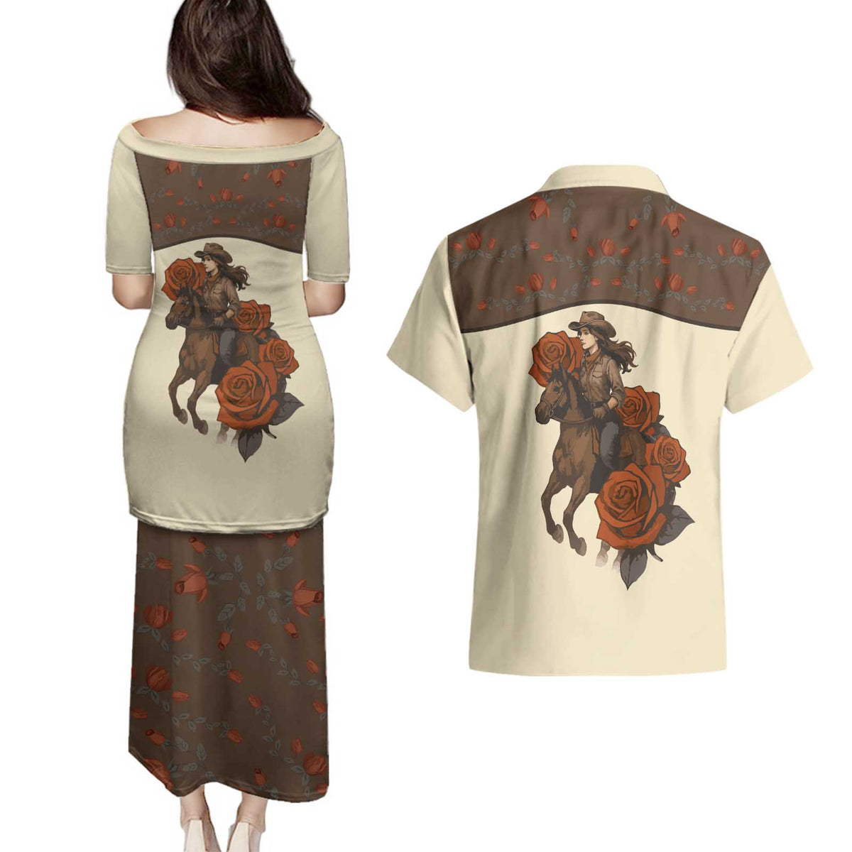 Cowgirl Couples Matching Puletasi and Hawaiian Shirt Rose Retro Western Yoke - Wonder Print Shop
