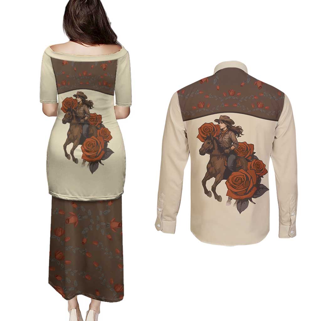 Cowgirl Couples Matching Puletasi and Long Sleeve Button Shirt Rose Retro Western Yoke - Wonder Print Shop