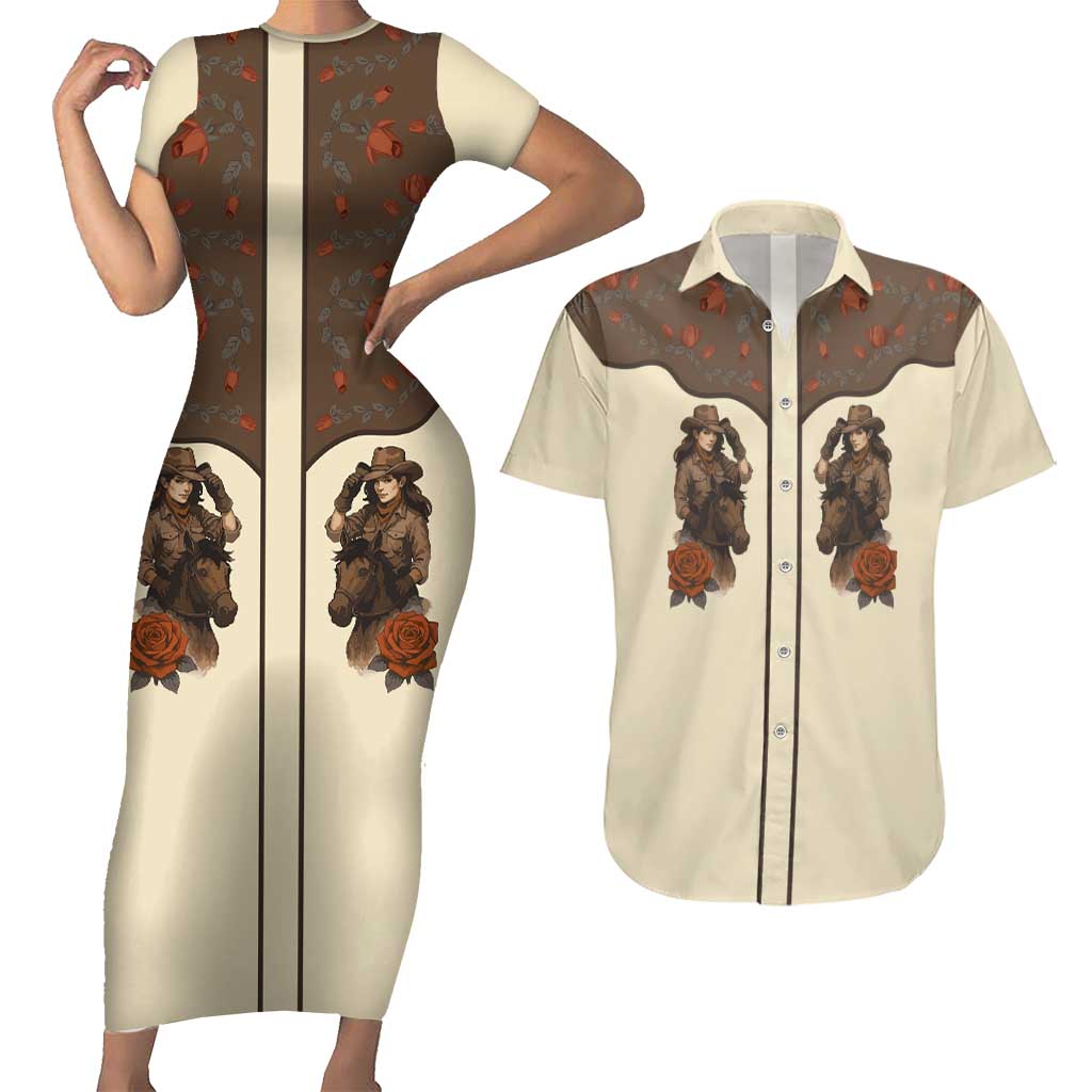 Cowgirl Couples Matching Short Sleeve Bodycon Dress and Hawaiian Shirt Rose Retro Western Yoke - Wonder Print Shop