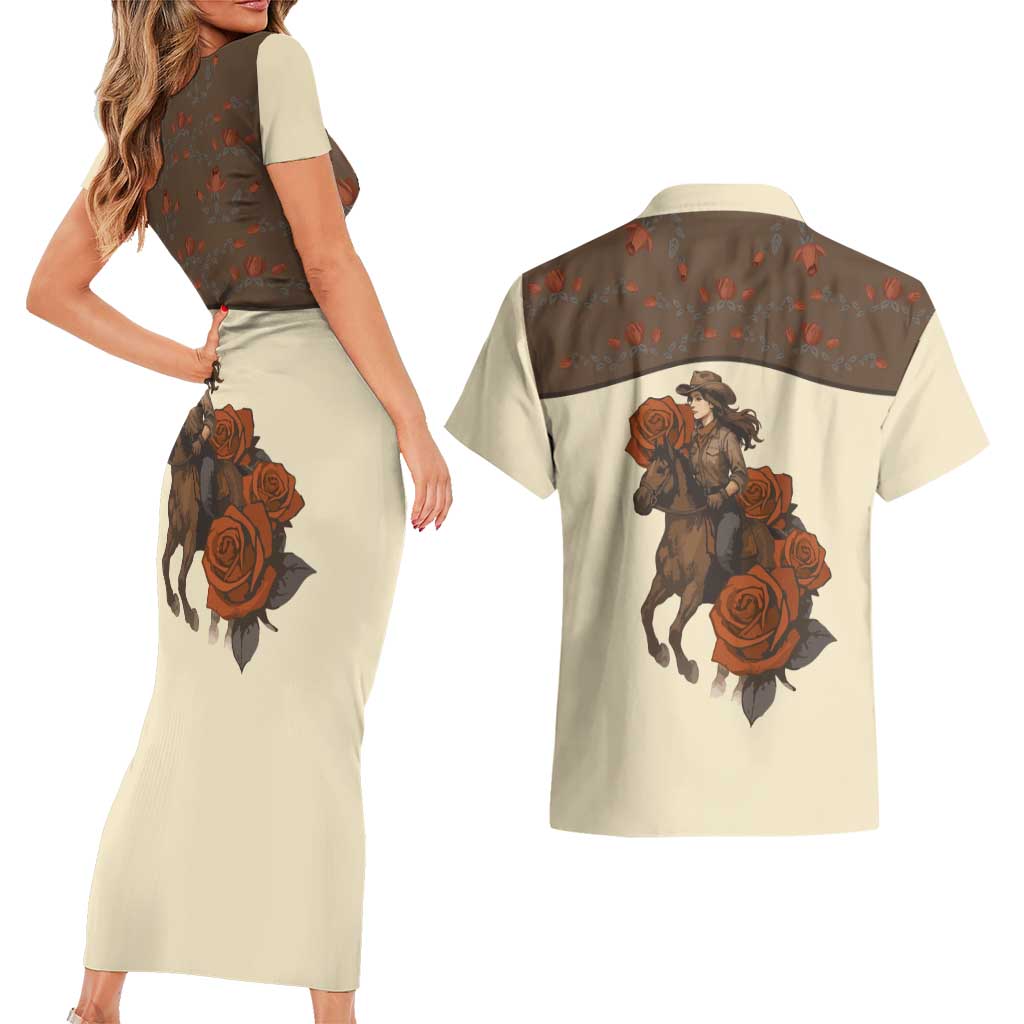 Cowgirl Couples Matching Short Sleeve Bodycon Dress and Hawaiian Shirt Rose Retro Western Yoke - Wonder Print Shop