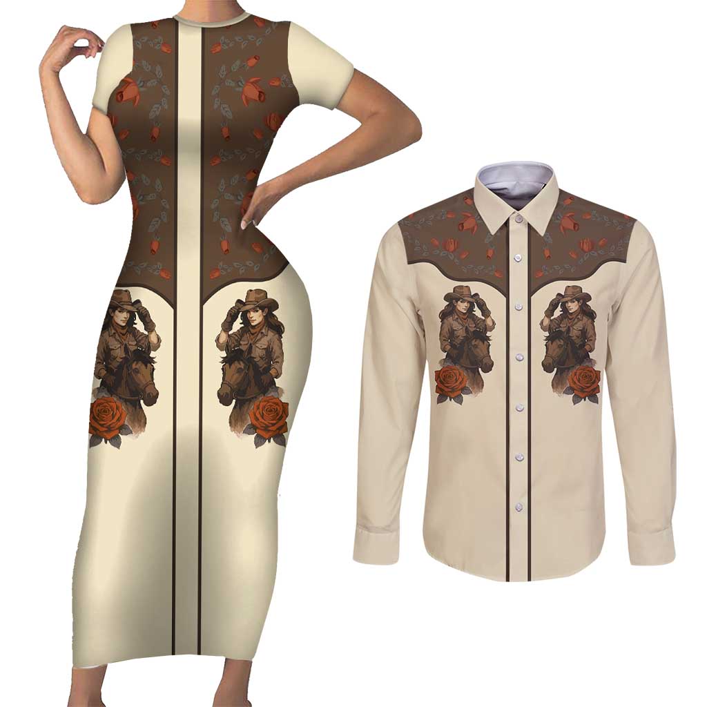 Cowgirl Couples Matching Short Sleeve Bodycon Dress and Long Sleeve Button Shirt Rose Retro Western Yoke - Wonder Print Shop