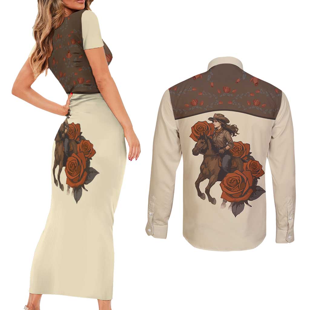 Cowgirl Couples Matching Short Sleeve Bodycon Dress and Long Sleeve Button Shirt Rose Retro Western Yoke - Wonder Print Shop