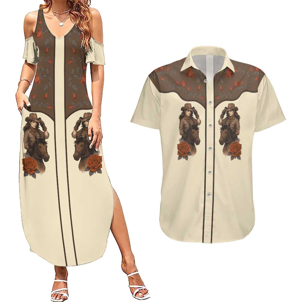 Cowgirl Couples Matching Summer Maxi Dress and Hawaiian Shirt Rose Retro Western Yoke - Wonder Print Shop