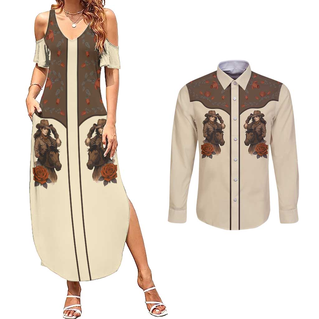 Cowgirl Couples Matching Summer Maxi Dress and Long Sleeve Button Shirt Rose Retro Western Yoke - Wonder Print Shop