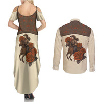 Cowgirl Couples Matching Summer Maxi Dress and Long Sleeve Button Shirt Rose Retro Western Yoke - Wonder Print Shop