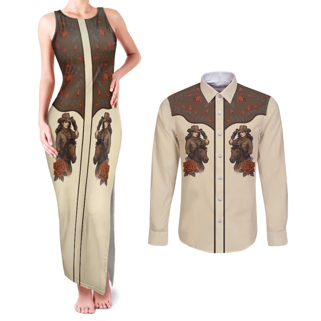 Cowgirl Couples Matching Tank Maxi Dress and Long Sleeve Button Shirt Rose Retro Western Yoke - Wonder Print Shop