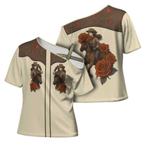 Cowgirl Cross Shoulder Shirt Rose Retro Western Yoke - Wonder Print Shop