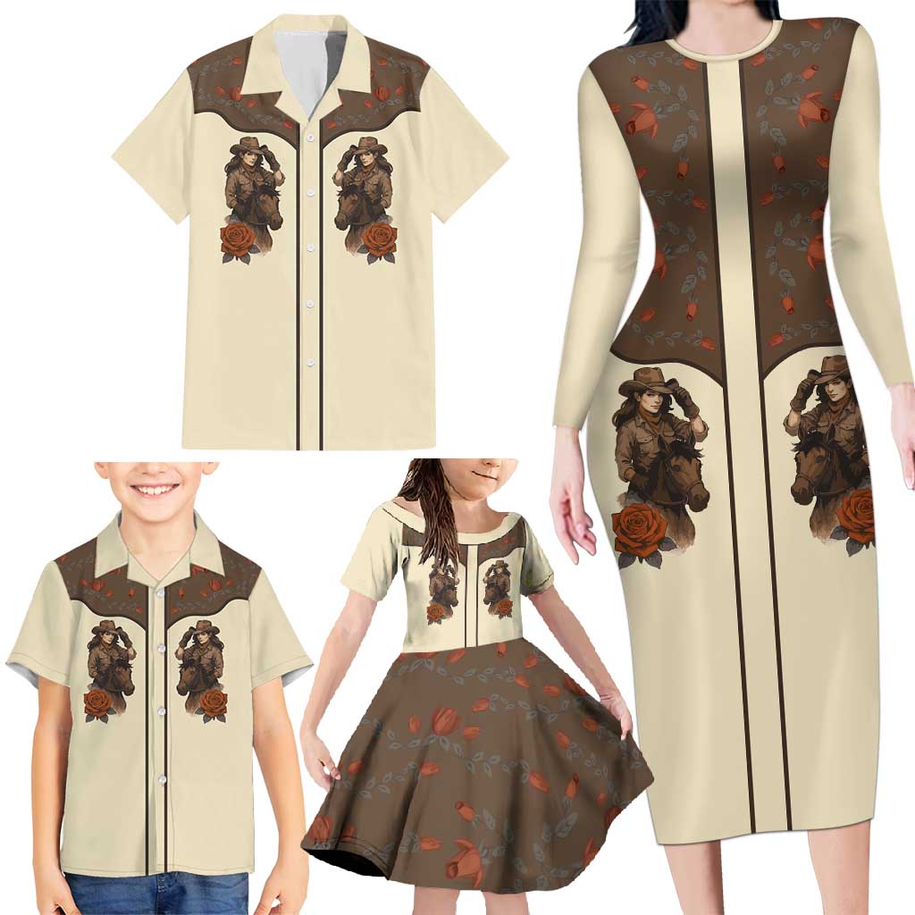 Cowgirl Family Matching Long Sleeve Bodycon Dress and Hawaiian Shirt Rose Retro Western Yoke - Wonder Print Shop