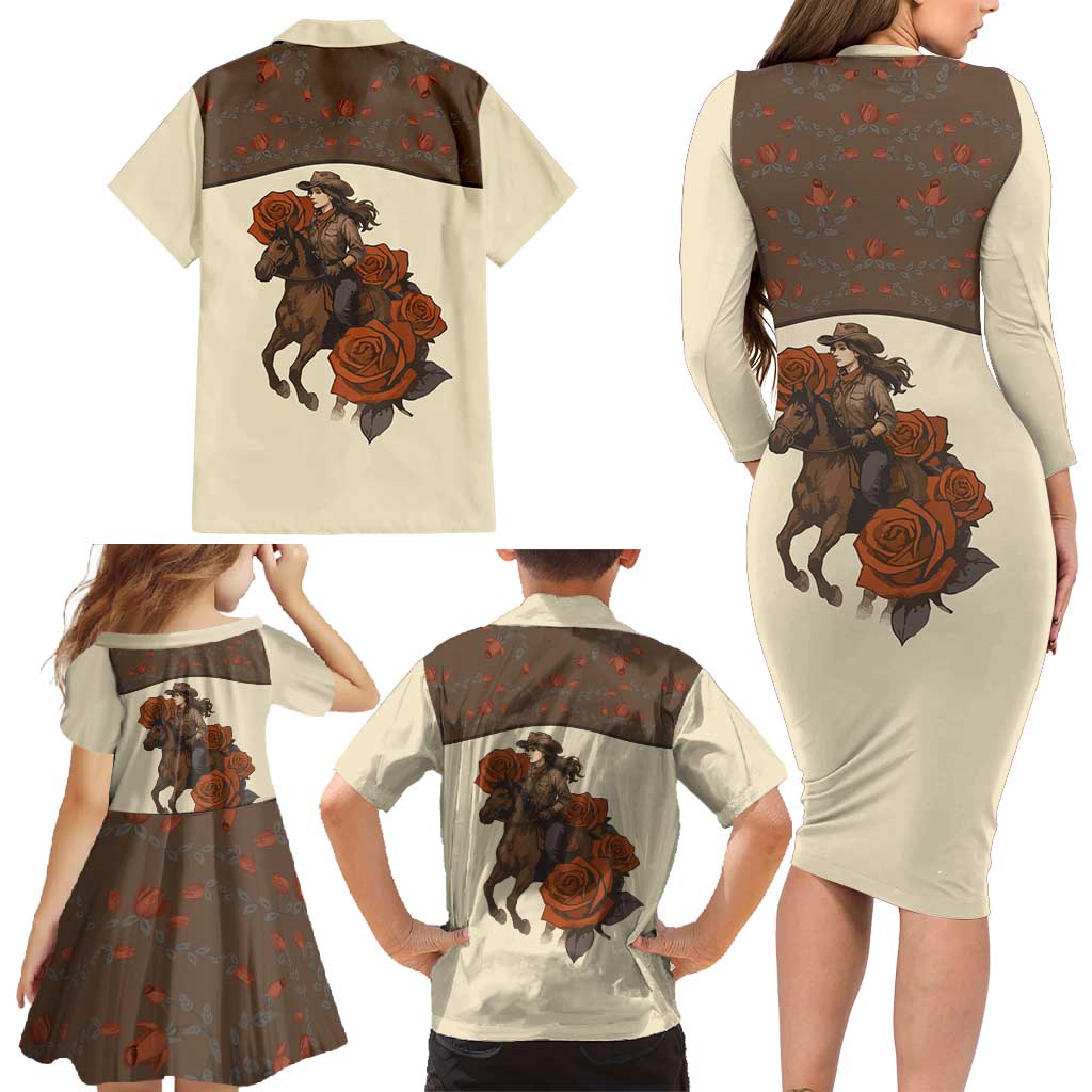 Cowgirl Family Matching Long Sleeve Bodycon Dress and Hawaiian Shirt Rose Retro Western Yoke - Wonder Print Shop