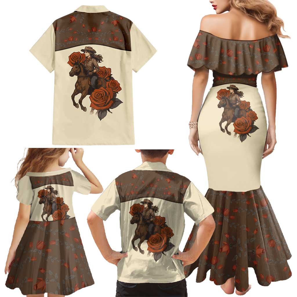Cowgirl Family Matching Mermaid Dress and Hawaiian Shirt Rose Retro Western Yoke - Wonder Print Shop