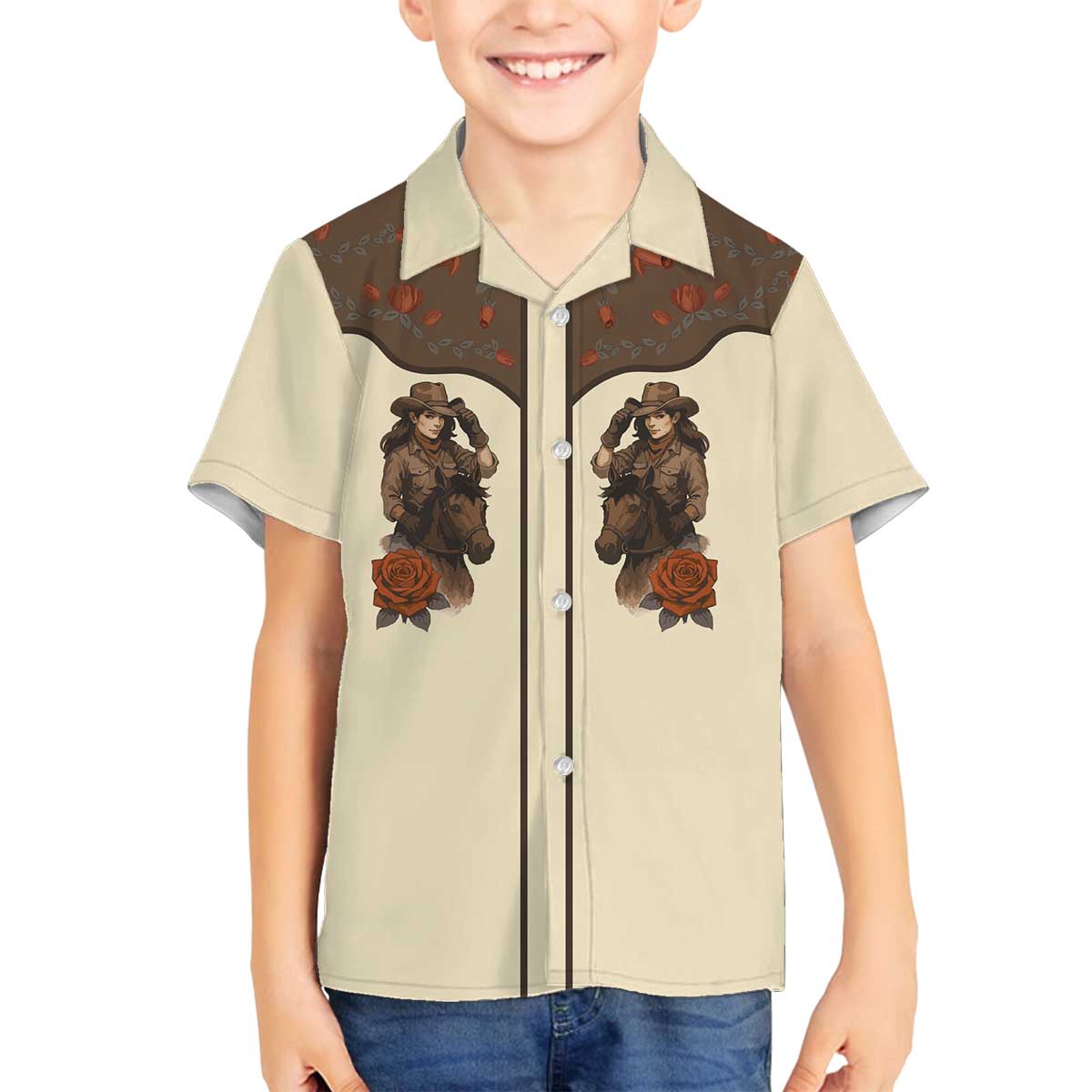 Cowgirl Family Matching Off The Shoulder Long Sleeve Dress and Hawaiian Shirt Rose Retro Western Yoke - Wonder Print Shop