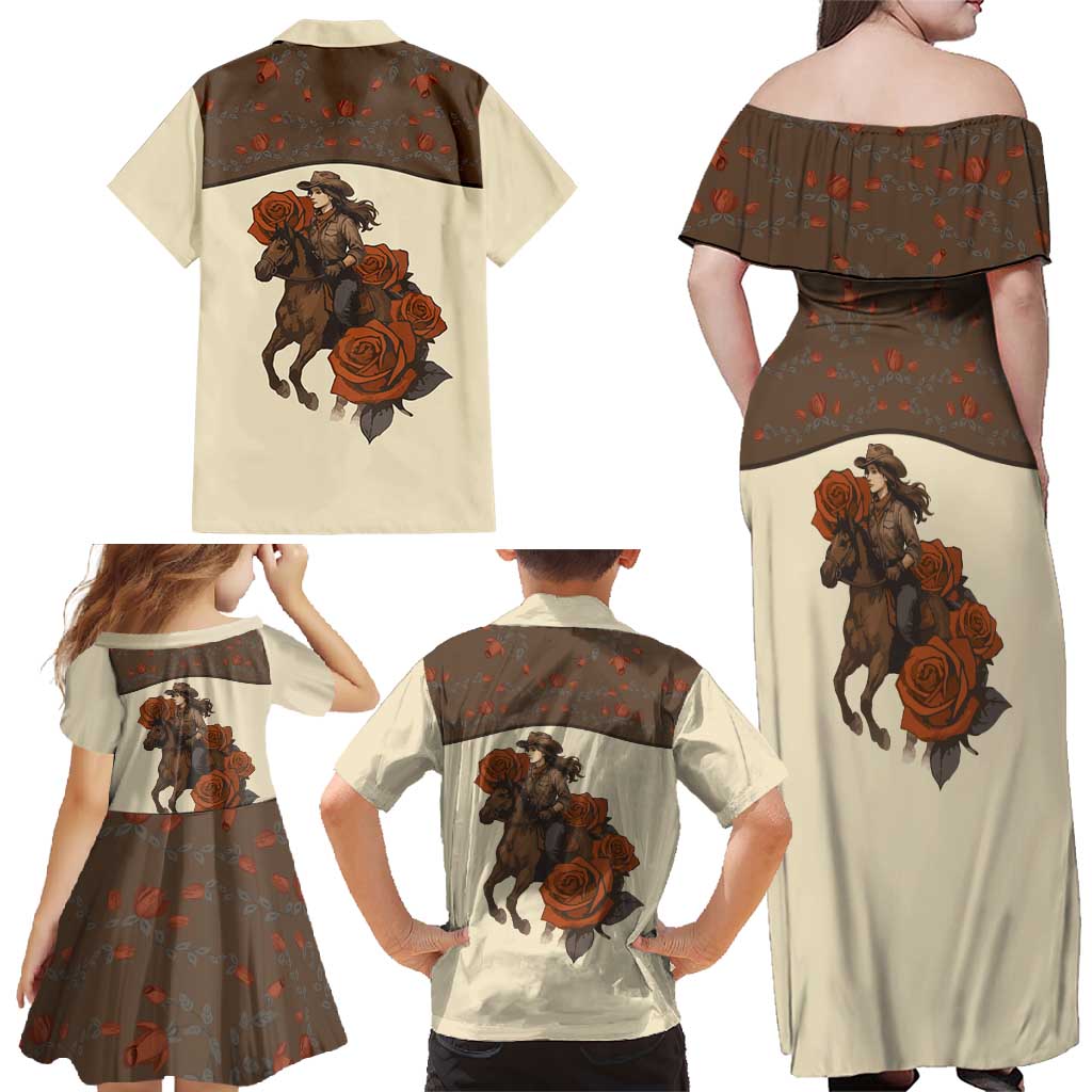 Cowgirl Family Matching Off Shoulder Maxi Dress and Hawaiian Shirt Rose Retro Western Yoke - Wonder Print Shop