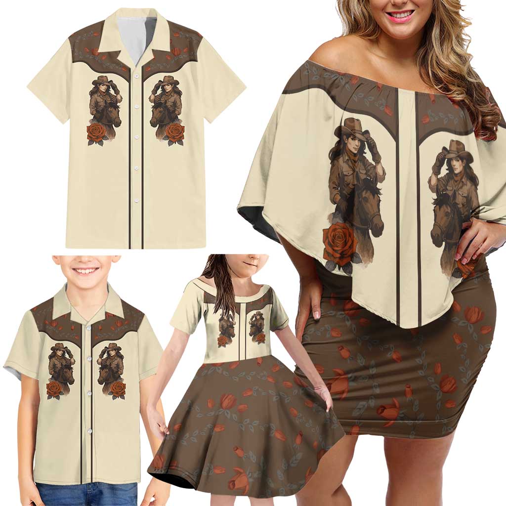 Cowgirl Family Matching Off Shoulder Short Dress and Hawaiian Shirt Rose Retro Western Yoke - Wonder Print Shop