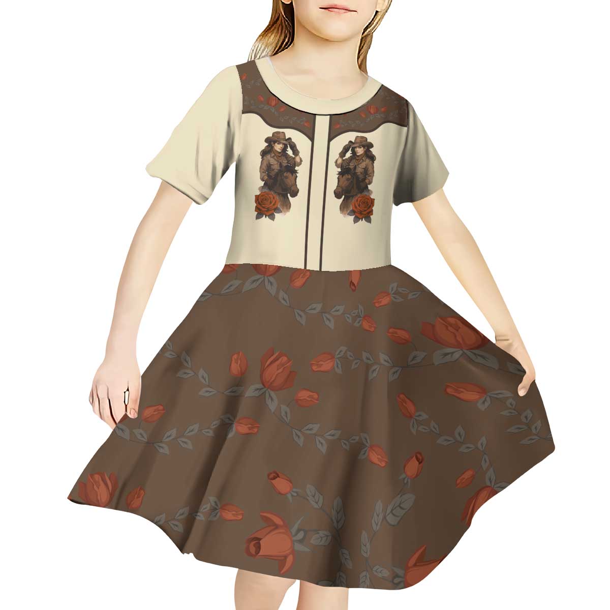 Cowgirl Kid Short Sleeve Dress Rose Retro Western Yoke - Wonder Print Shop