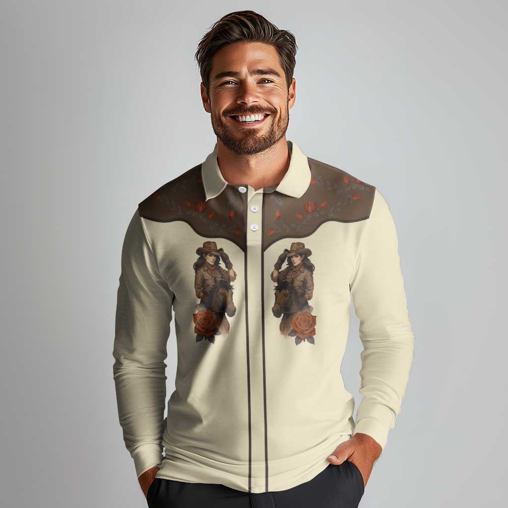 Cowgirl Long Sleeve Polo Shirt Rose Retro Western Yoke - Wonder Print Shop