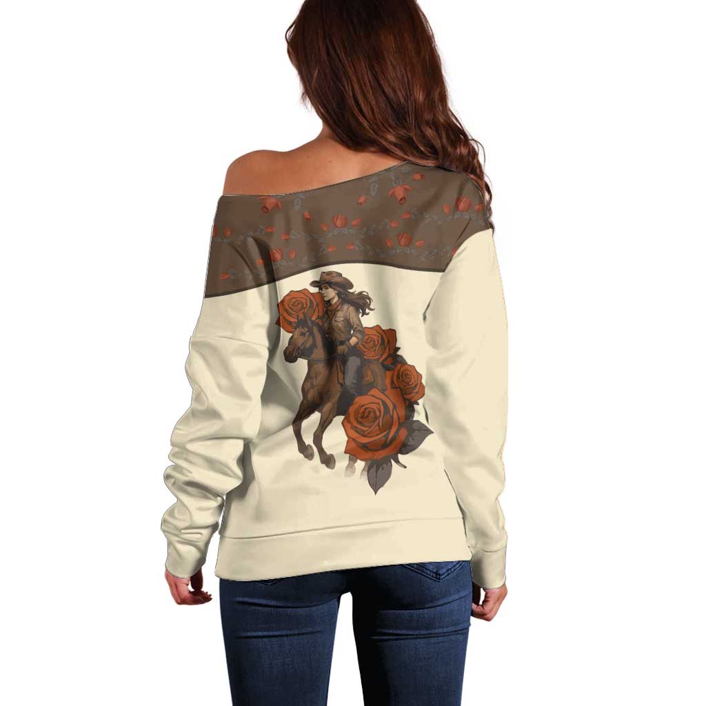 Cowgirl Off Shoulder Sweater Rose Retro Western Yoke - Wonder Print Shop