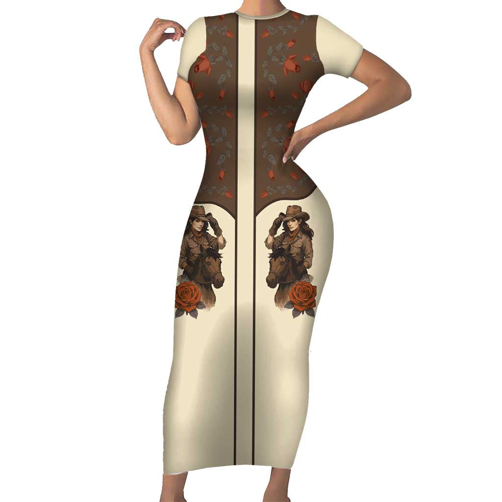 Cowgirl Short Sleeve Bodycon Dress Rose Retro Western Yoke - Wonder Print Shop