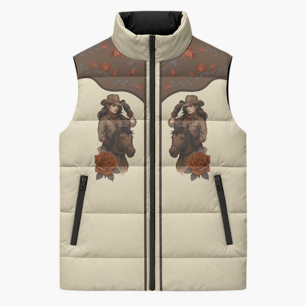 Cowgirl Sleeveless Puffer Jacket Rose Retro Western Yoke - Wonder Print Shop
