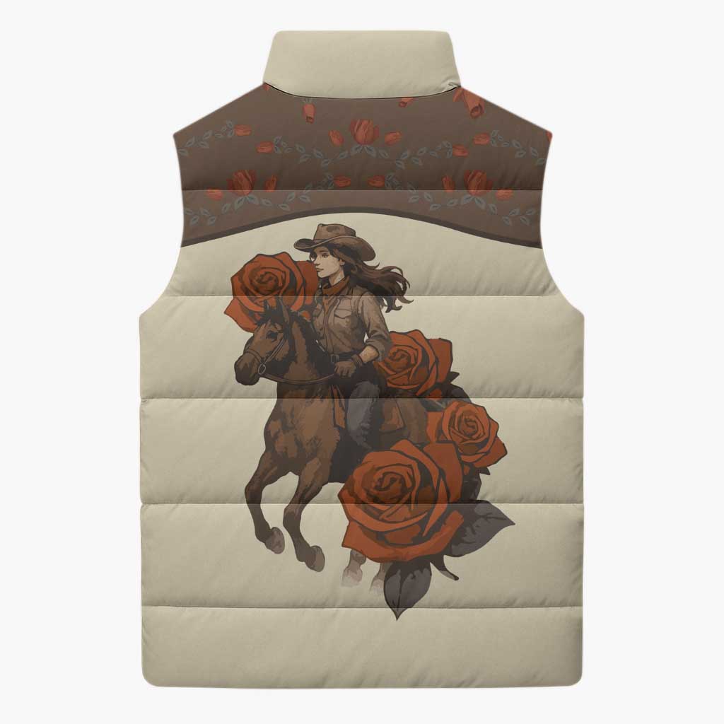 Cowgirl Sleeveless Puffer Jacket Rose Retro Western Yoke - Wonder Print Shop