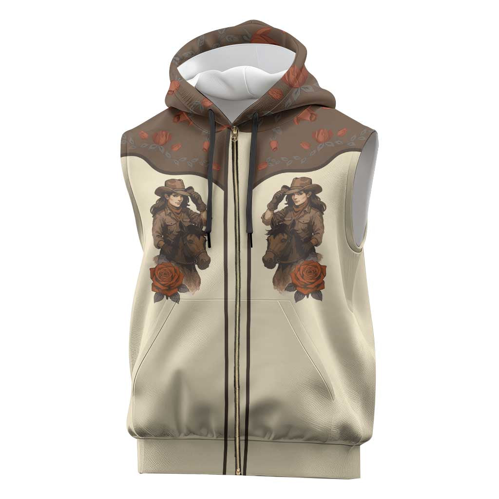 Cowgirl Sleeveless Zip Hoodie Rose Retro Western Yoke - Wonder Print Shop