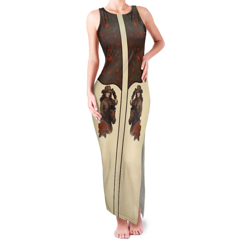 Cowgirl Tank Maxi Dress Rose Retro Western Yoke - Wonder Print Shop