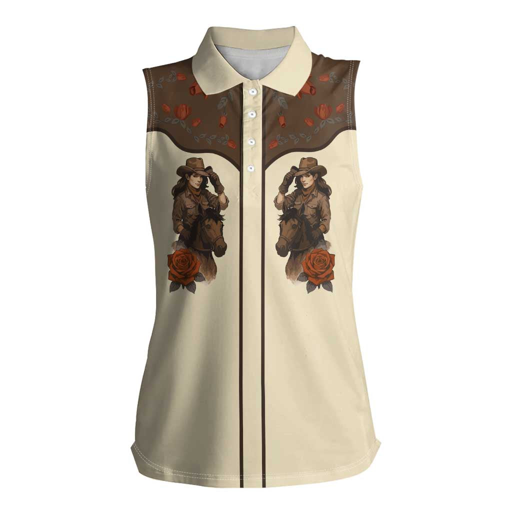 Cowgirl Women Sleeveless Polo Shirt Rose Retro Western Yoke - Wonder Print Shop
