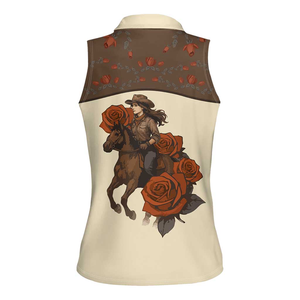 Cowgirl Women Sleeveless Polo Shirt Rose Retro Western Yoke - Wonder Print Shop