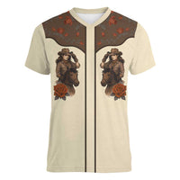 Cowgirl Women V-Neck T-Shirt Rose Retro Western Yoke - Wonder Print Shop