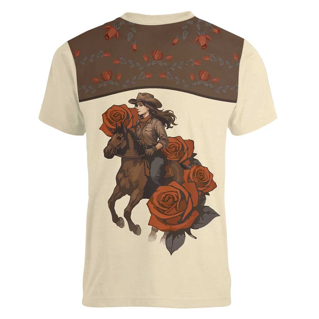 Cowgirl Women V-Neck T-Shirt Rose Retro Western Yoke - Wonder Print Shop