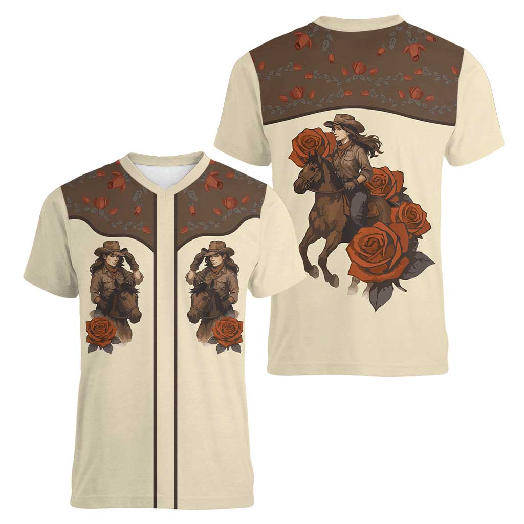 Cowgirl Women V-Neck T-Shirt Rose Retro Western Yoke - Wonder Print Shop
