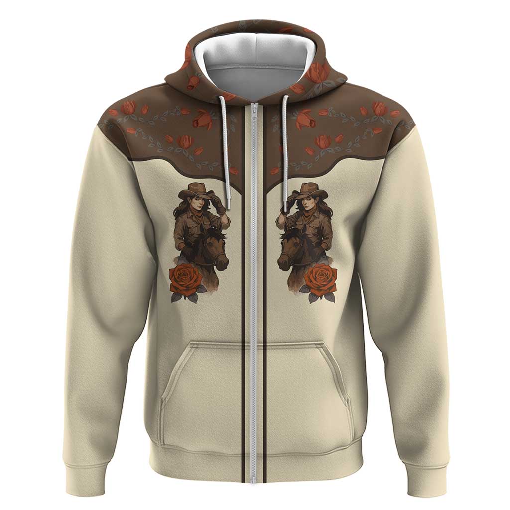 Cowgirl Zip Hoodie Rose Retro Western Yoke - Wonder Print Shop