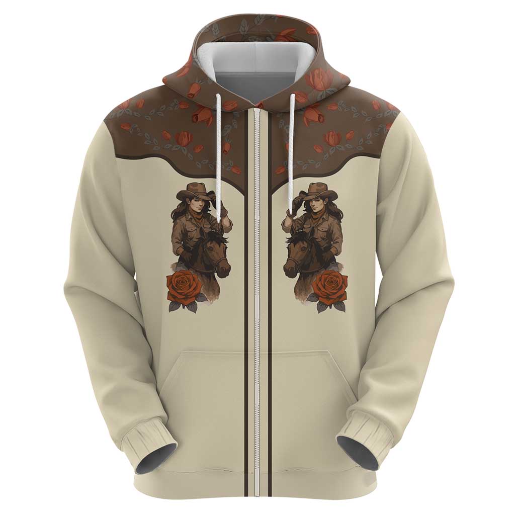 Cowgirl Zip Hoodie Rose Retro Western Yoke - Wonder Print Shop