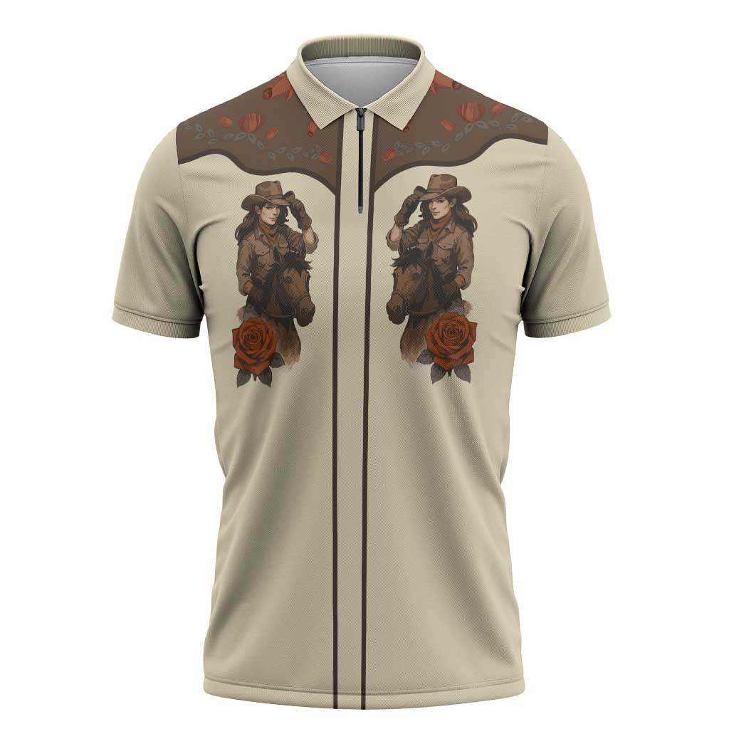 Cowgirl Zipper Polo Shirt Rose Retro Western Yoke - Wonder Print Shop