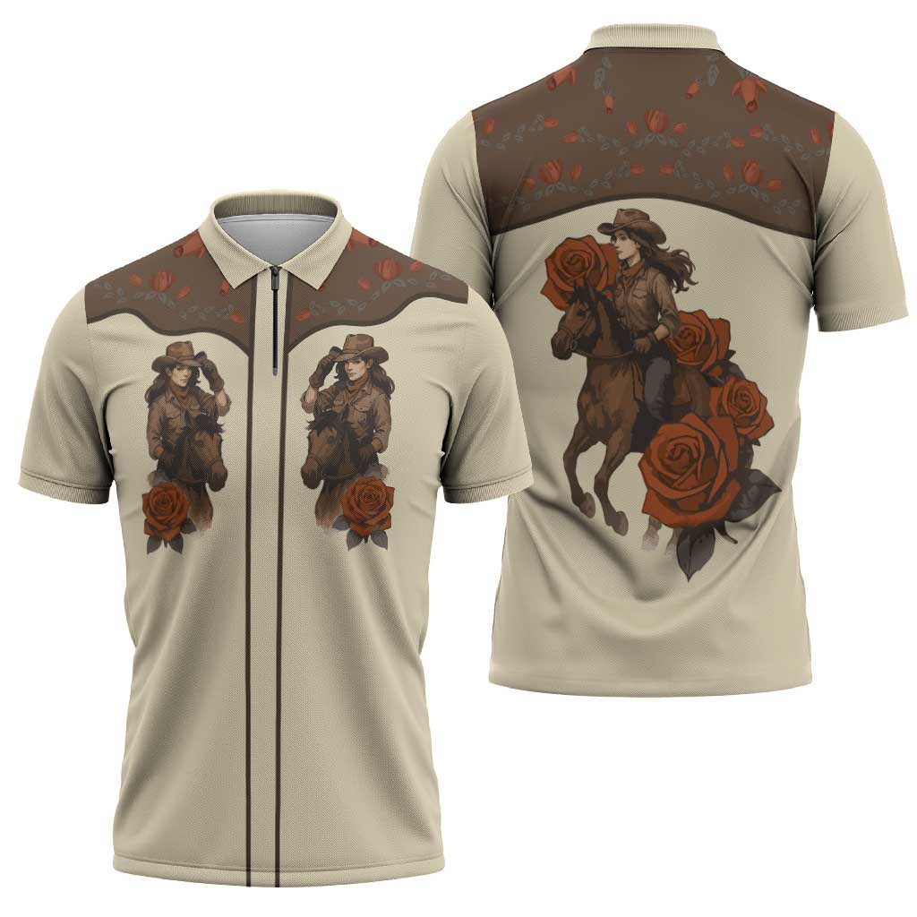 Cowgirl Zipper Polo Shirt Rose Retro Western Yoke - Wonder Print Shop