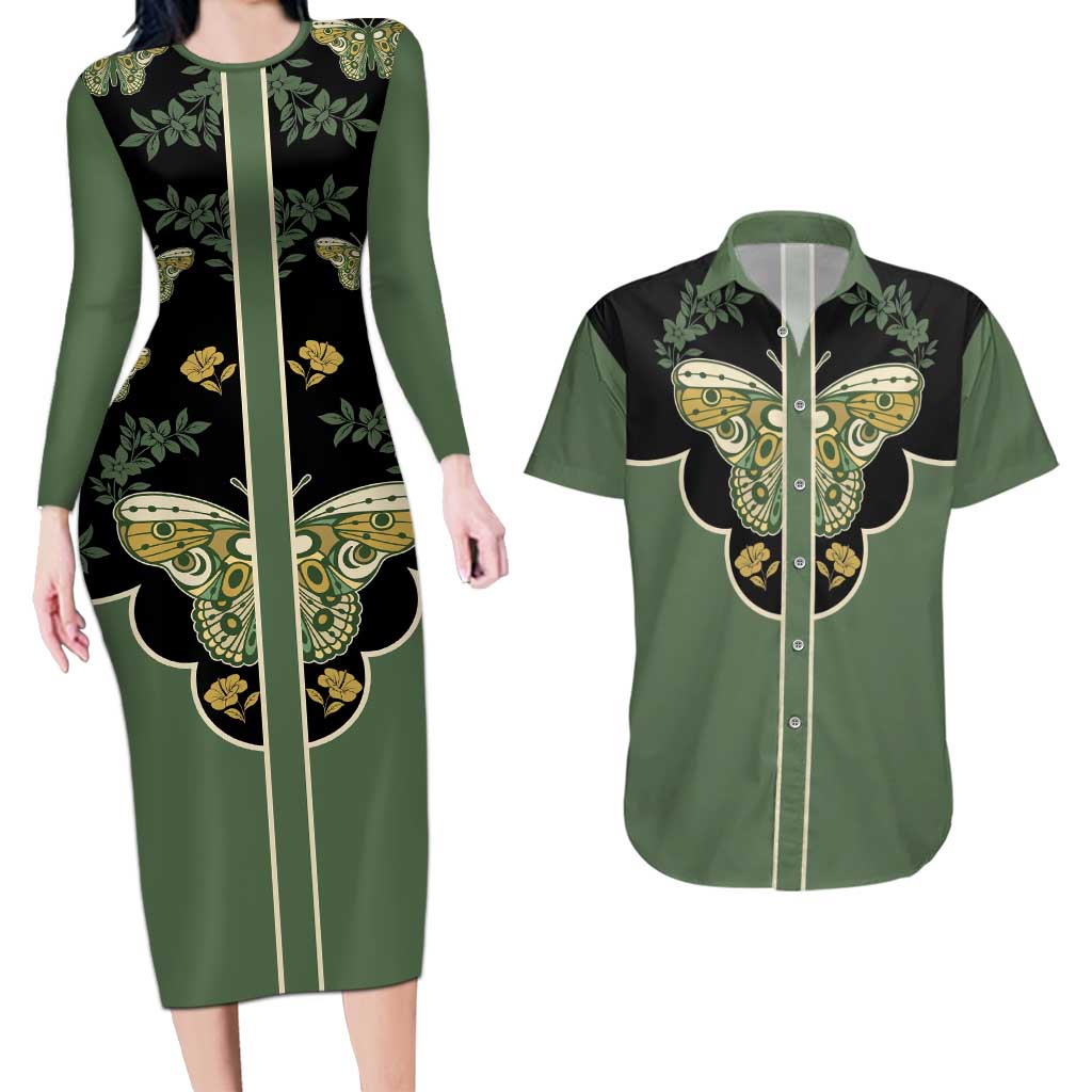Retro Butterfly Couples Matching Long Sleeve Bodycon Dress and Hawaiian Shirt Western Yoke Style - Wonder Print Shop