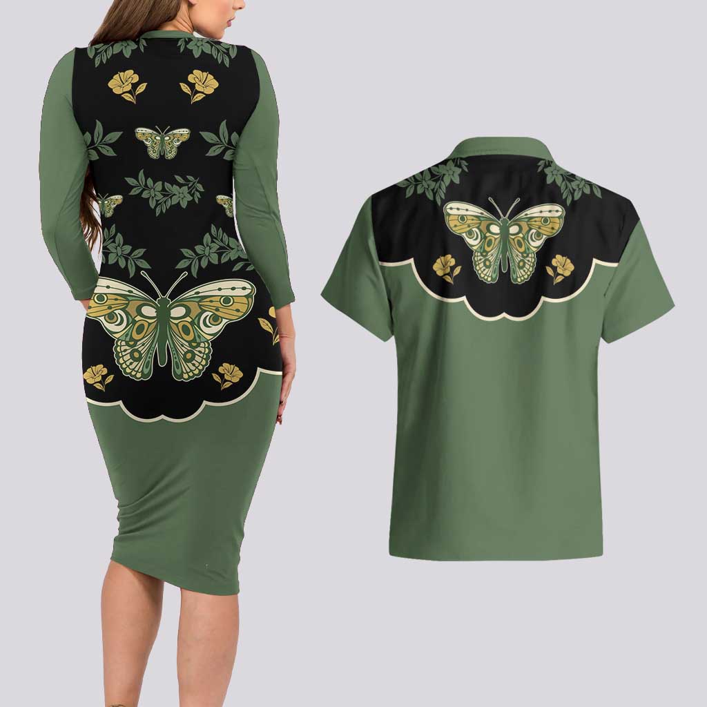 Retro Butterfly Couples Matching Long Sleeve Bodycon Dress and Hawaiian Shirt Western Yoke Style - Wonder Print Shop