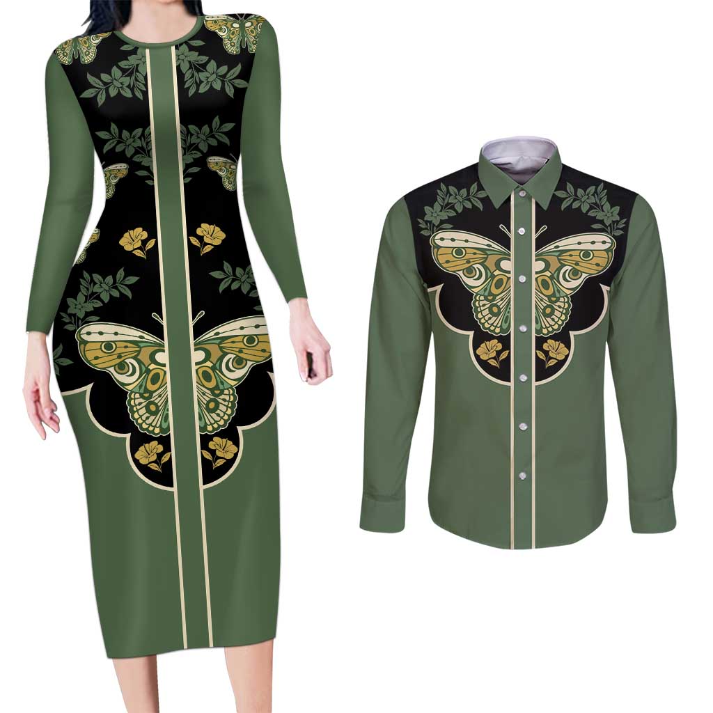 Retro Butterfly Couples Matching Long Sleeve Bodycon Dress and Long Sleeve Button Shirt Western Yoke Style - Wonder Print Shop