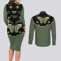 Retro Butterfly Couples Matching Long Sleeve Bodycon Dress and Long Sleeve Button Shirt Western Yoke Style - Wonder Print Shop