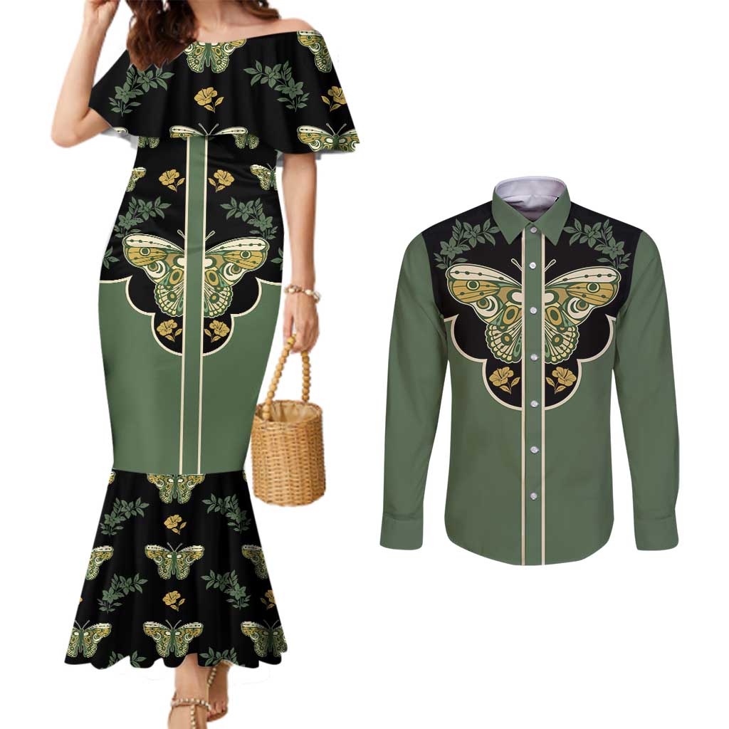Retro Butterfly Couples Matching Mermaid Dress and Long Sleeve Button Shirt Western Yoke Style - Wonder Print Shop