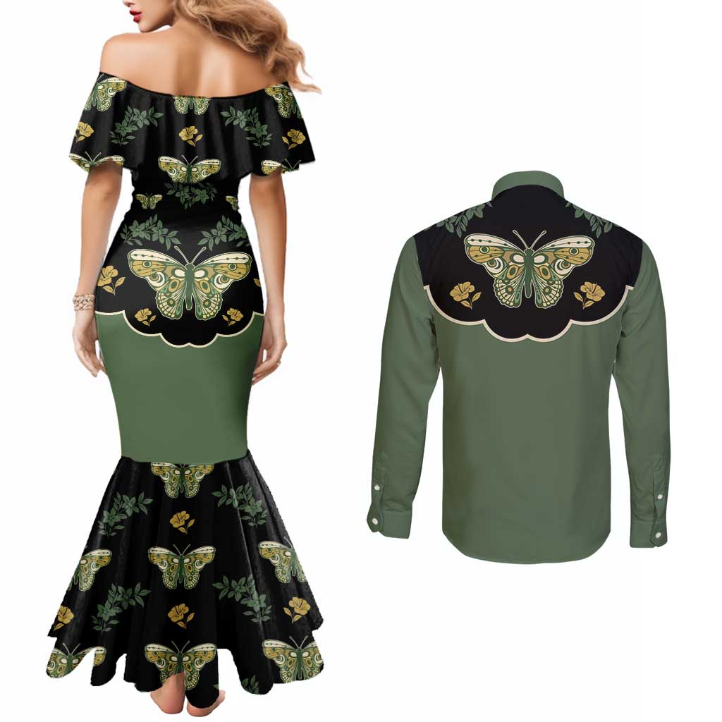 Retro Butterfly Couples Matching Mermaid Dress and Long Sleeve Button Shirt Western Yoke Style - Wonder Print Shop