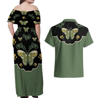 Retro Butterfly Couples Matching Off Shoulder Maxi Dress and Hawaiian Shirt Western Yoke Style - Wonder Print Shop