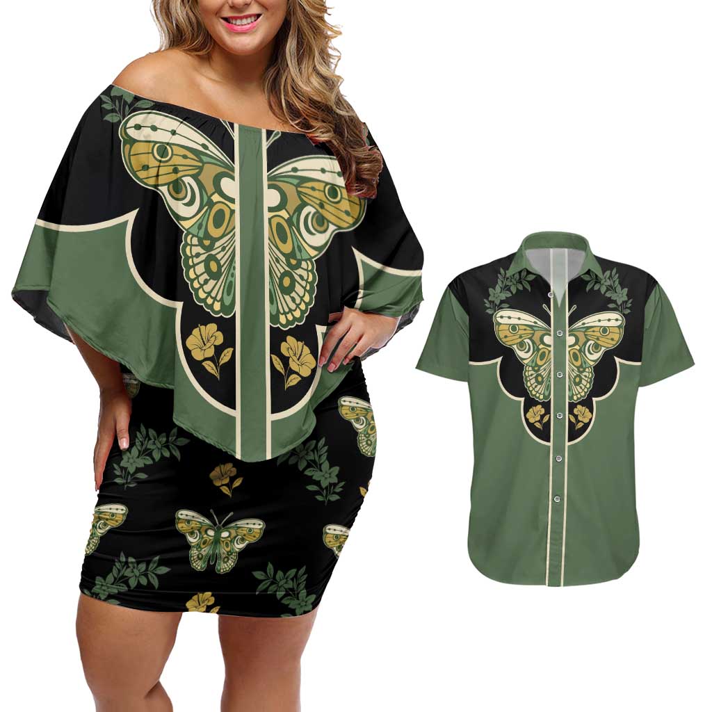 Retro Butterfly Couples Matching Off Shoulder Short Dress and Hawaiian Shirt Western Yoke Style - Wonder Print Shop