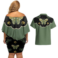 Retro Butterfly Couples Matching Off Shoulder Short Dress and Hawaiian Shirt Western Yoke Style - Wonder Print Shop