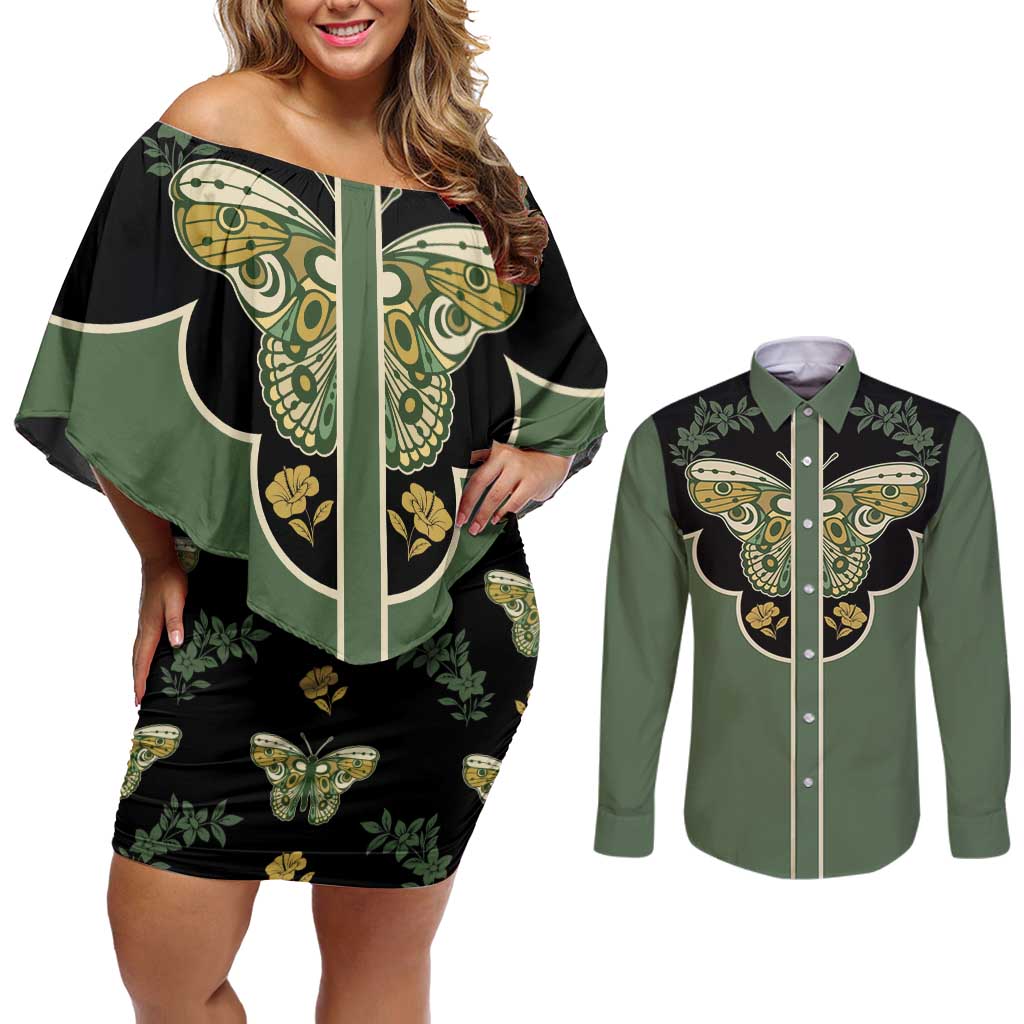 Retro Butterfly Couples Matching Off Shoulder Short Dress and Long Sleeve Button Shirt Western Yoke Style - Wonder Print Shop