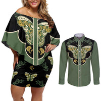 Retro Butterfly Couples Matching Off Shoulder Short Dress and Long Sleeve Button Shirt Western Yoke Style - Wonder Print Shop