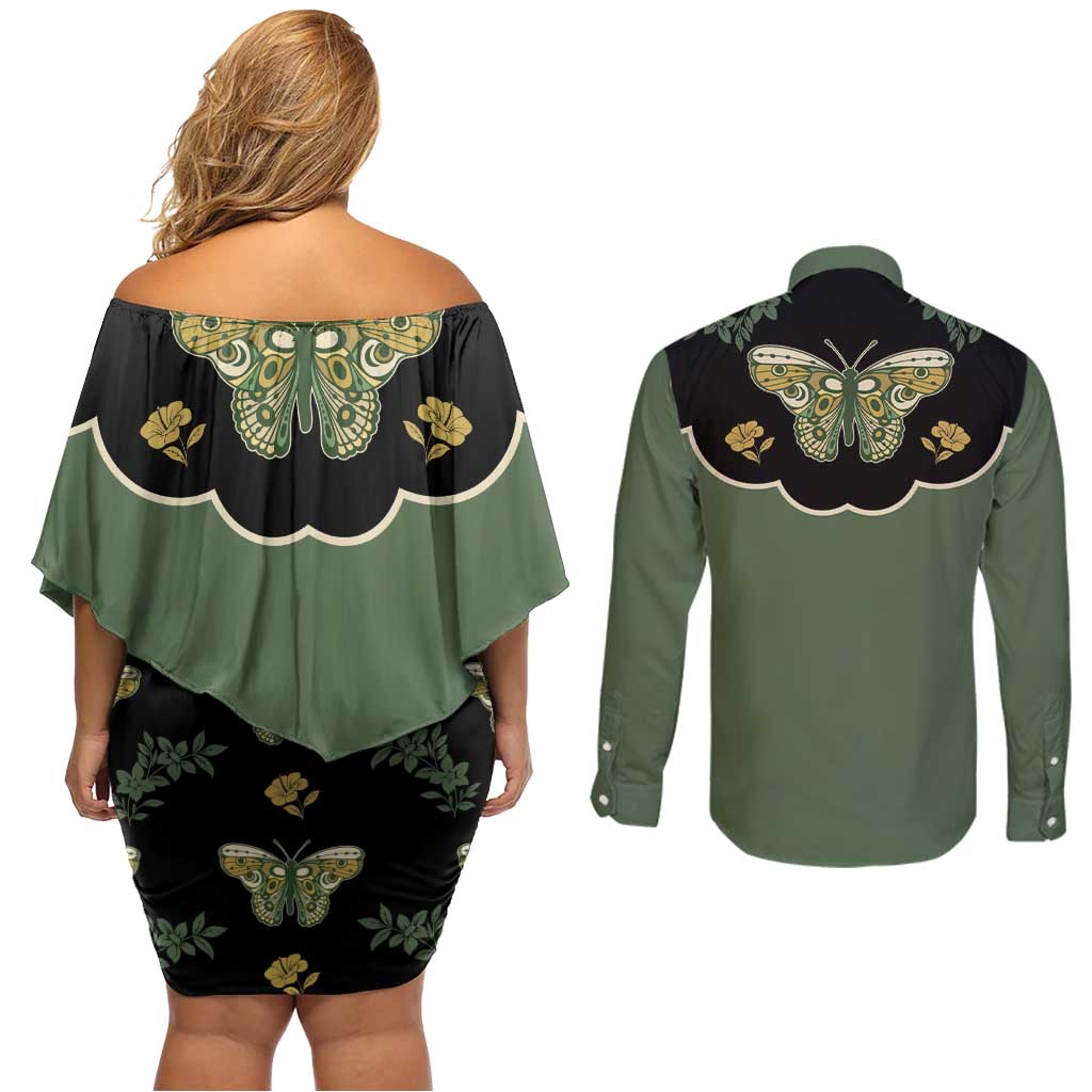 Retro Butterfly Couples Matching Off Shoulder Short Dress and Long Sleeve Button Shirt Western Yoke Style - Wonder Print Shop