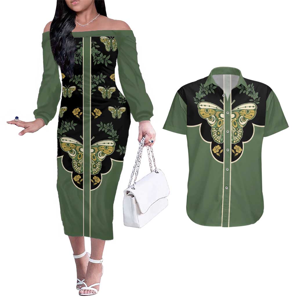 Retro Butterfly Couples Matching Off The Shoulder Long Sleeve Dress and Hawaiian Shirt Western Yoke Style - Wonder Print Shop